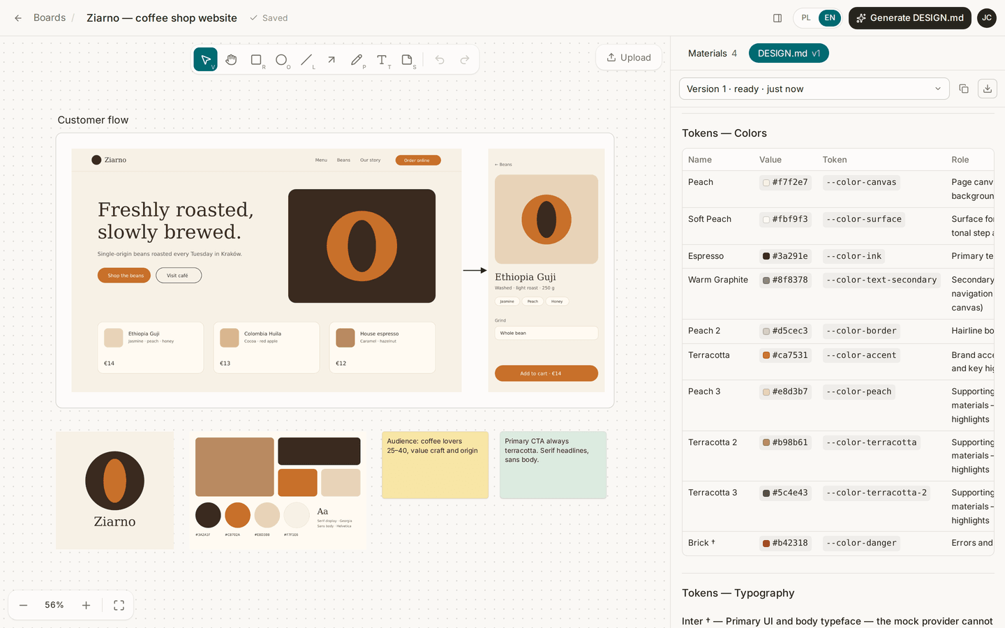 canvai editor: client screenshots on an infinite canvas next to the generated DESIGN.md